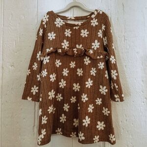 Toddler Brown Retro Flower Ribbed Long Sleeve Dress